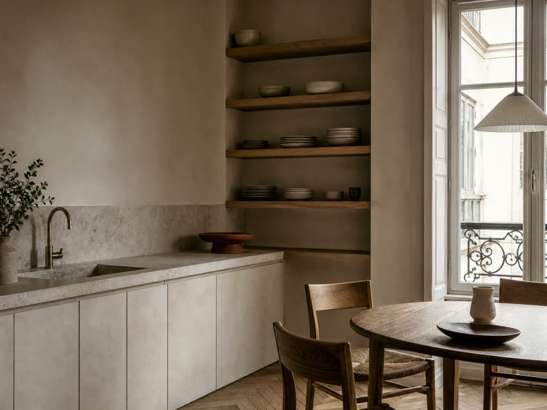 Finished kitchen and dining corner in soft window light, Tables Claudiennes