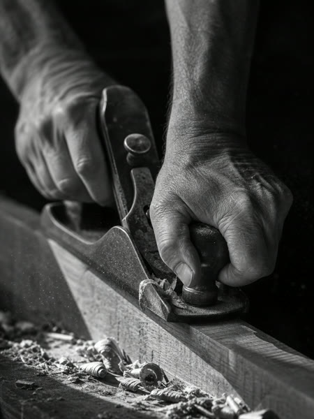 Hands easing a timber edge with a spokeshave at the bench
